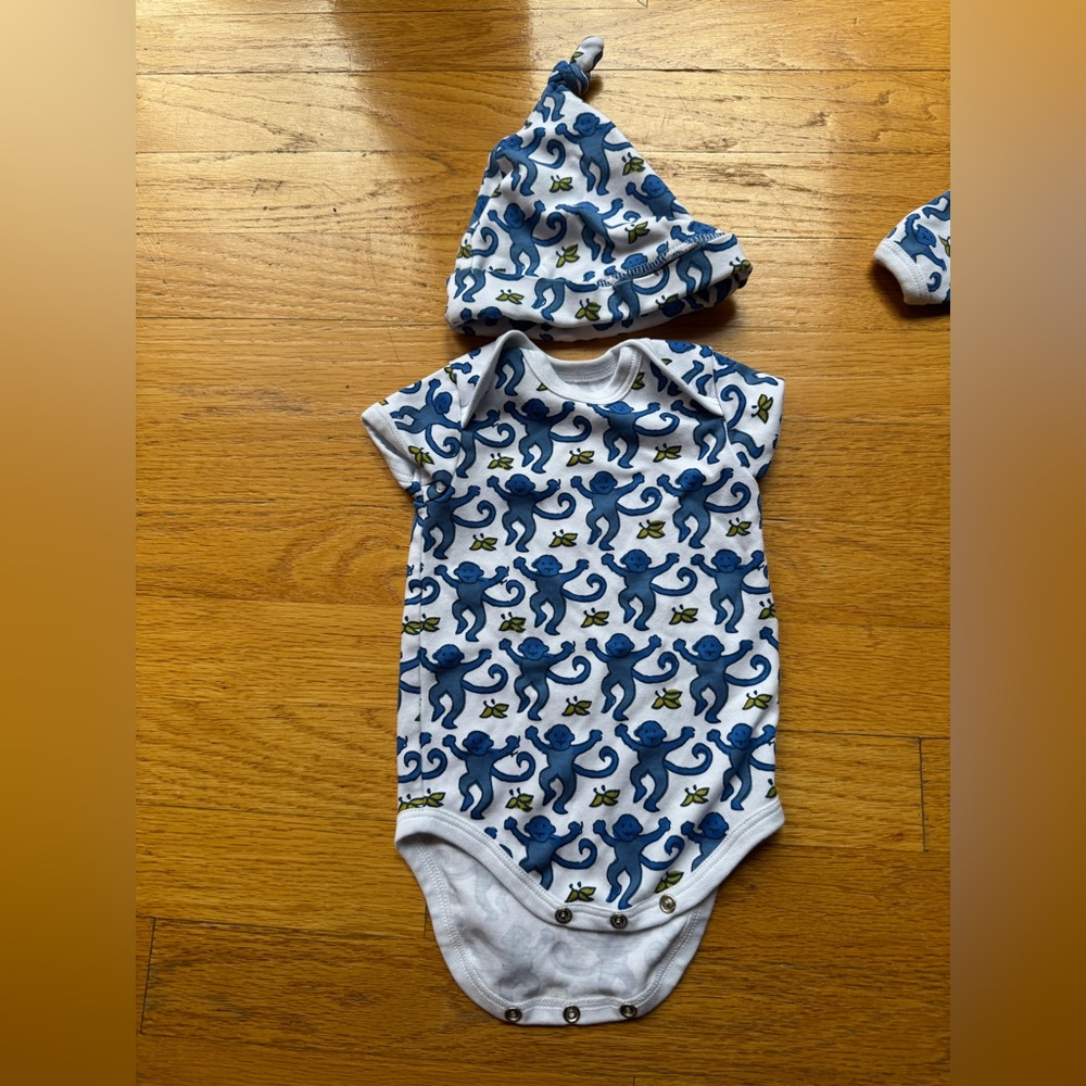Roller Rabbit Blue Monkey Print Baby Onesie and Hat Set